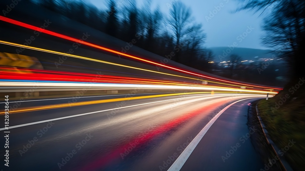 Fototapeta premium Dynamic light trails illuminate a winding highway at dusk, creating a sense of speed and movement for travel, technology, or transportation designs