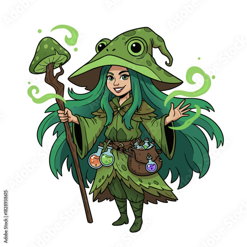 Whimsical Forest Witch Character Illustration Holding a Staff and Potions with Green Hues and Magical Aura