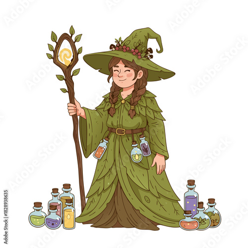 Whimsical Forest Witch Conjuring Magic With Glowing Staff Surrounded By Potions on a Dark Background