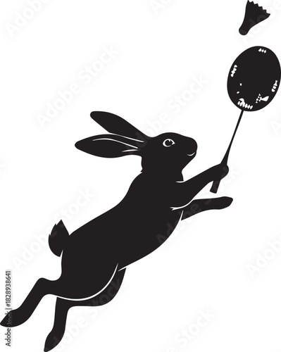 Black silhouette of a rabbit playing badminton in mid air