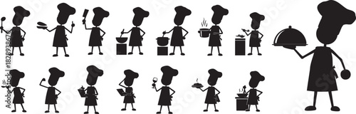 Chef Stickman Silhouette Cooking Icon Set | Funny Cooking Actions, Kitchen Activities