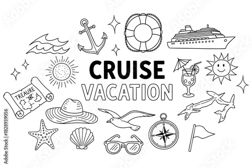 Cruise vacation icons: sun, ship, anchor, and tropical elements in black and white