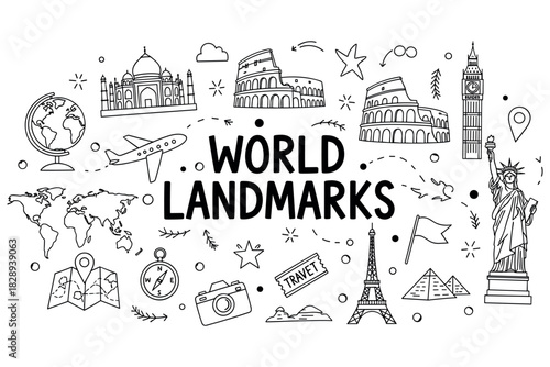 World landmarks doodle collection featuring iconic monuments and travel elements