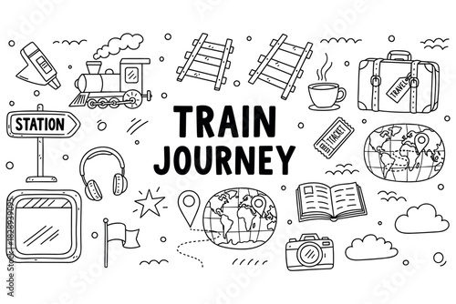 Hand-drawn train journey doodles: travel, adventure, exploration, vacation, symbols