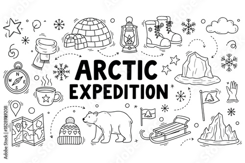 Arctic expedition: polar bear, igloo, compass, sled, boots, lantern, polar exploration elements