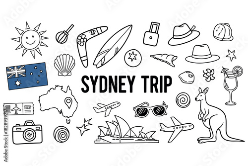 Sydney trip icons: australian symbols, travel, fun, adventure