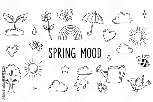 Spring mood: nature symbols including flowers, rainbow, and sunshine