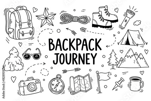 Backpack journey: camping gear and adventure icons in doodle art style