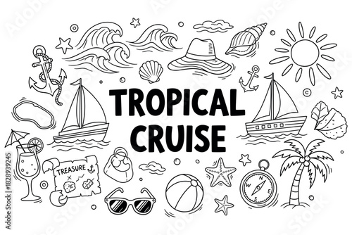 Hand-drawn tropical cruise doodle art with boats, palm trees, and seashells
