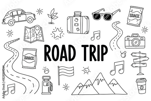 Road trip adventure: car, map, suitcase, sunglasses, snacks, and more