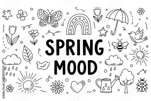 Spring mood doodles with flowers, sun, and nature elements in black outline
