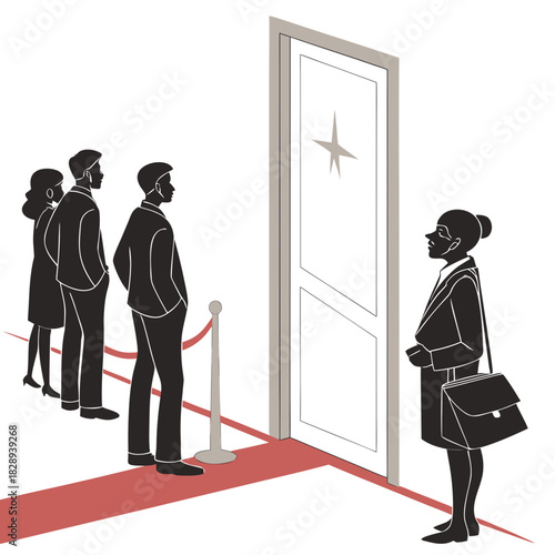 Business people wait in line on a red carpet for an important opportunity or event