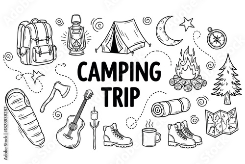 Camping trip essentials: tent, backpack, hiking, campfire, guitar, lantern, compass, map