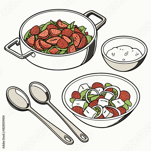Freshly prepared strawberry salad in a pot and bowl with spoons and dressing