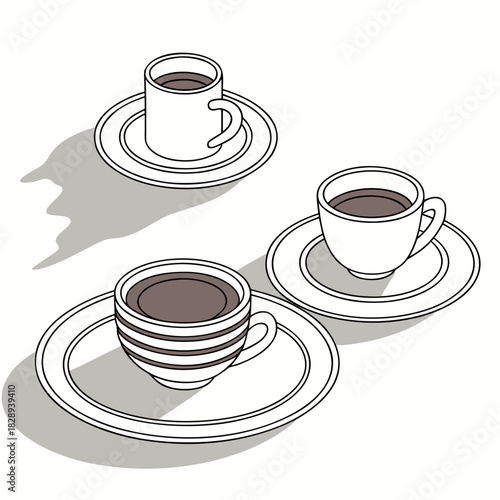 Three stylized isometric cups of coffee or tea on saucers with cast shadows on a white background