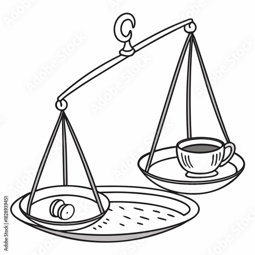 A simple balance scale weighs a cup of coffee against a few coins illustrating the value of caffeine
