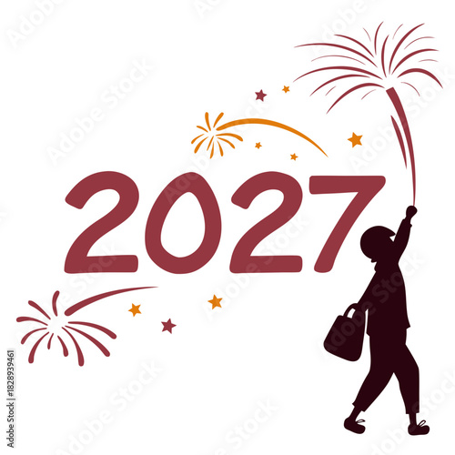 Silhouette of a child holding a sparkler igniting fireworks for the year 2027 celebration