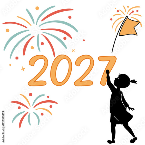 Child reaching for the year 2027 with fireworks celebrating the new year ahead