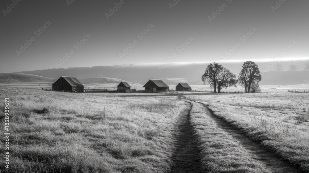 Fototapeta premium Frosty rural farm landscape with barns and trees at sunrise in monochrome. AI generative