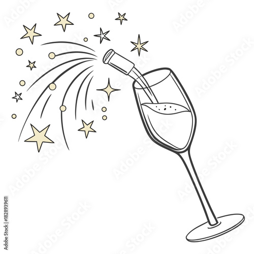 Sparkling champagne pouring from bottle into glass with festive stars and bubbles celebrating a special occasion