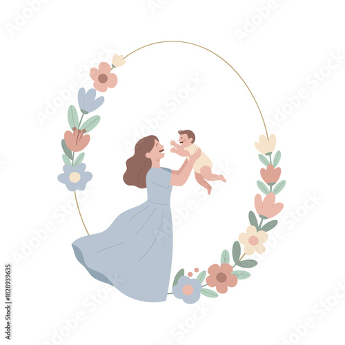 Warm illustration of a mother tenderly holding her baby aloft within a circular floral frame soft pastel colors evoke a sense of peace and maternal love a nurturing embrace against a simple background