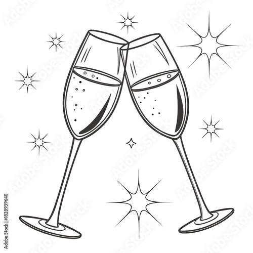 Two champagne glasses clinking together with sparkling starbursts and bubbles for celebration and toast