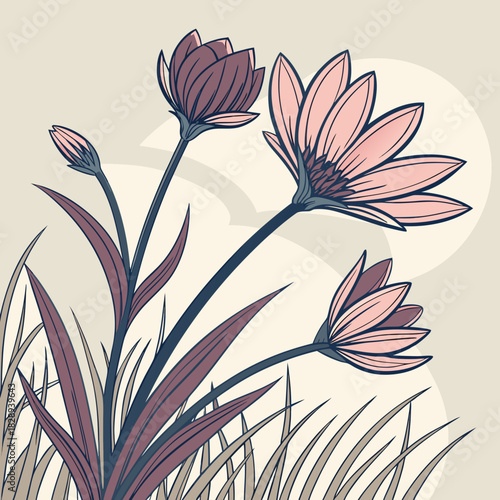 Delicate illustration of pink and purple flowers with long green leaves and blades of grass