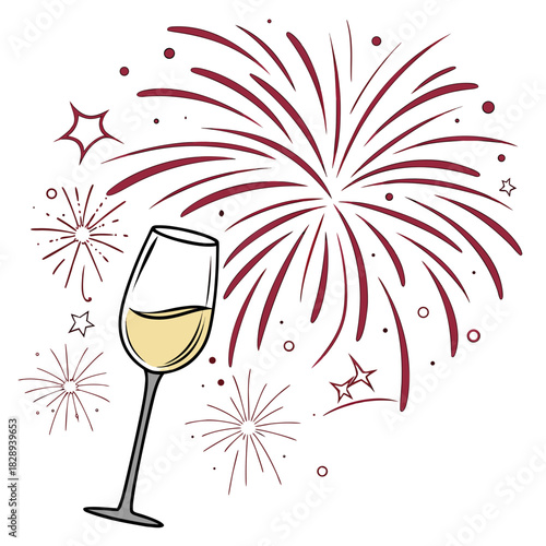 A celebratory champagne flute filled with bubbly liquid against a backdrop of festive fireworks and stars