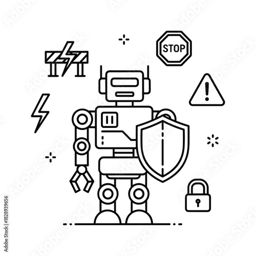 Cybersecurity robot with shield and security icons illustration