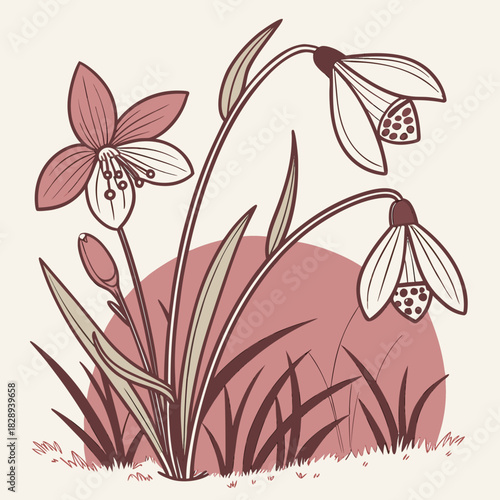 Delicate line art illustration of snowdrops and a single open flower with grass and a soft pink circle