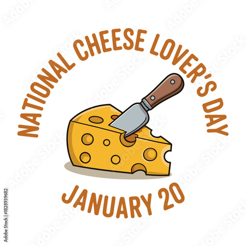 National cheese lover's day celebration graphic with cheese wedge and knife on january 20