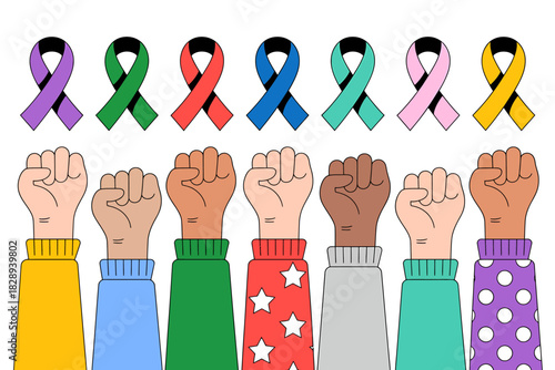 Diverse fists raised in solidarity, supporting global awareness, community, and human rights.