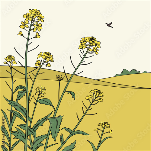 Stylized illustration of bright yellow rapeseed flowers in a golden field under a pale sky with a bird flying