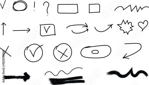 Hand drawn doodle collection of circles arrows boxes and other shapes
