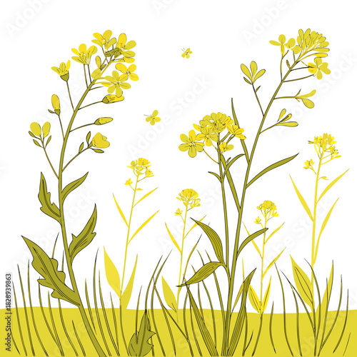 Delicate yellow wildflowers and green grass with tiny butterflies fluttering in a stylized illustration