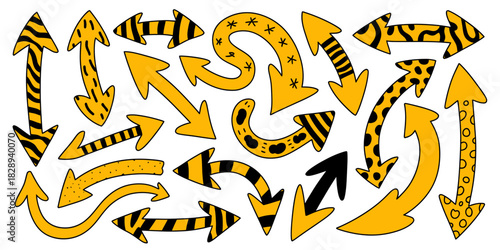 Set of hand-drawn yellow arrows with unique black patterns pointing in many directions.