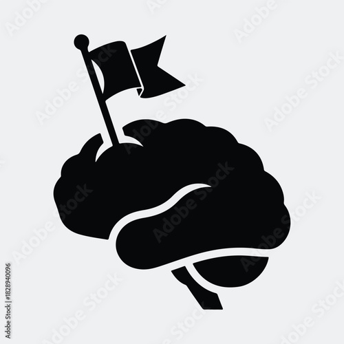 Silhouette Brain with flag symbol target goal setting vector illustration
