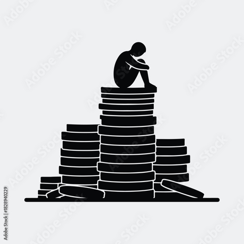 Silhouette depressed person sits on money stack vector illustration