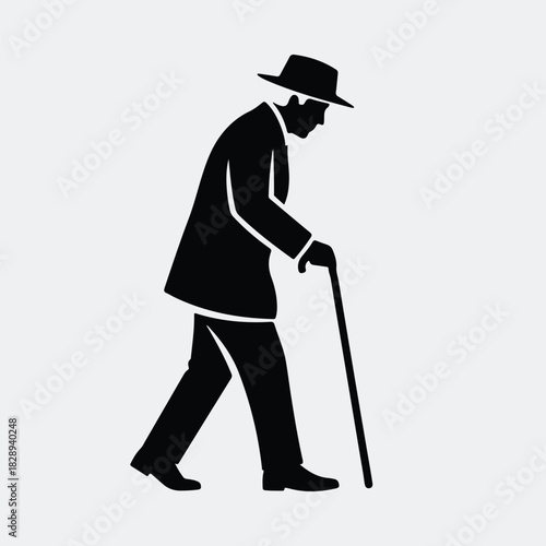 Silhouette elderly man walking with cane black vector illustration