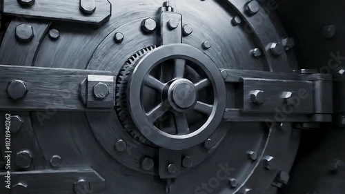 Vintage bank vault door detail rotates open, offering security and protection, perfect for finance, security, and banking themes in video projects