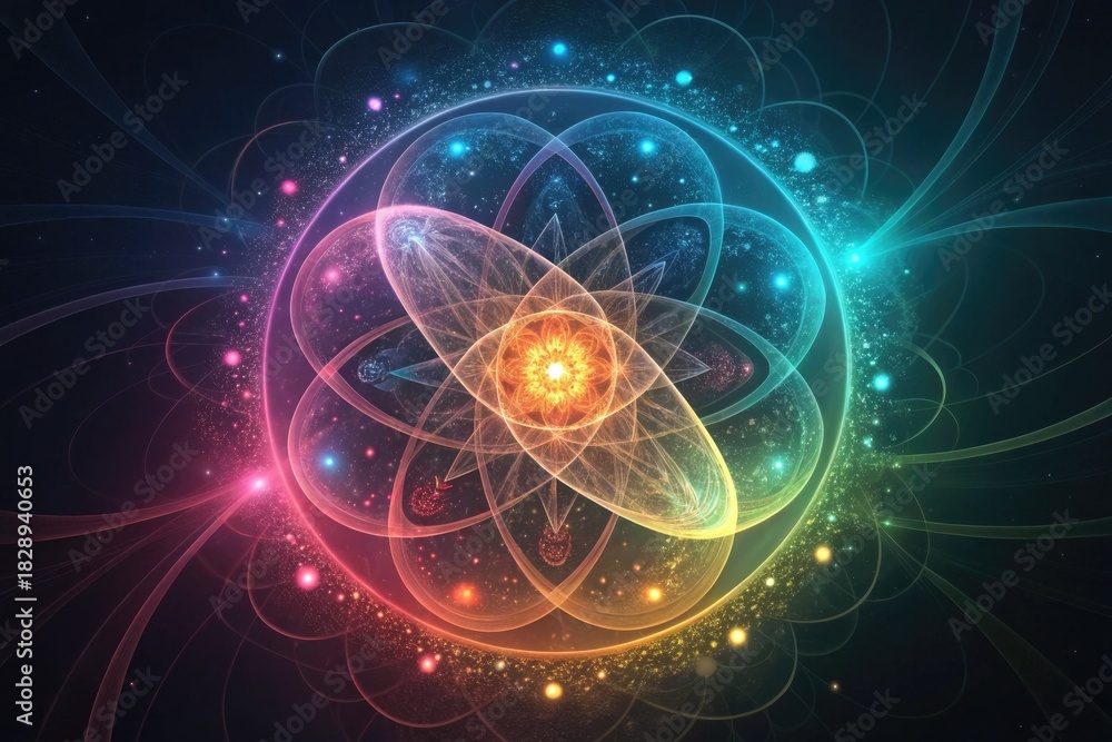 Obraz premium Colorful Abstract Representation of Atomic Structure in a Cosmic Setting