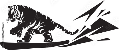 Tiger snowboarding with abstract mountain elements