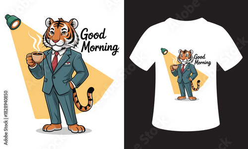 Anthropomorphic tiger in suit holding coffee cup with good morning text