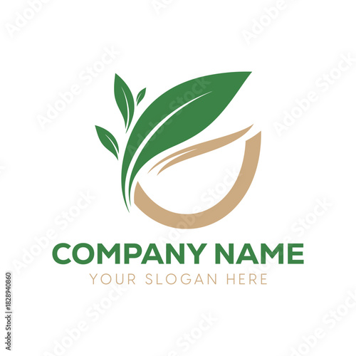 Minimalist abstract beige bowl with dynamically growing green leaves logo concept for a natural food or wellness brand