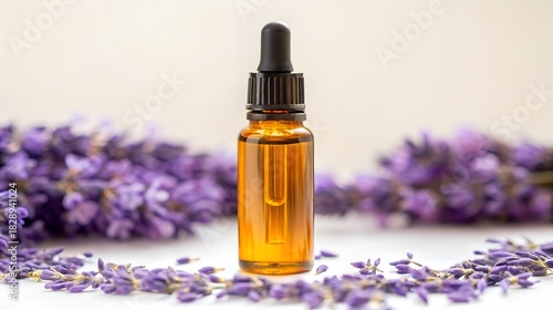 Lavender essential oil bottle with fresh lavender flowers