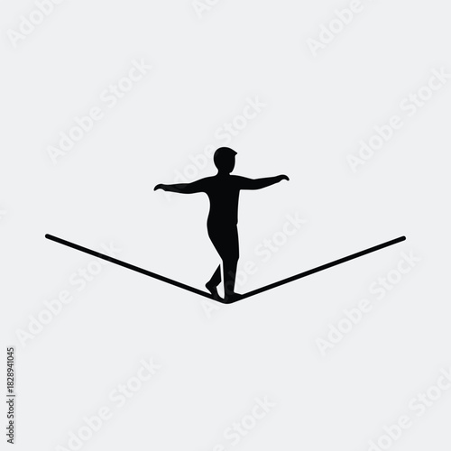 Silhouette man tightrope walker performing balancing stunt vector illustration