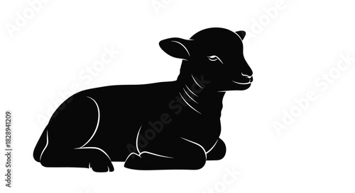 A stylized black silhouette of a gentle baby lamb lying down peacefully on a clean white background, symbolizing innocence and purity.