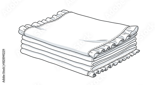 A neatly stacked pile of four decorative cloth napkins with delicate ruffled edges, presented in a clean black and white line art illustration.