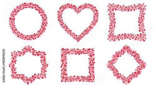 Decorative frames in various shapes, like circle, heart, square, and hexagon, all crafted from scattered pink and red confetti hearts on white.