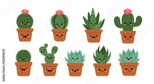 A cheerful collection of cute cartoon potted cacti and succulents, each with a happy face, isolated on a white background.